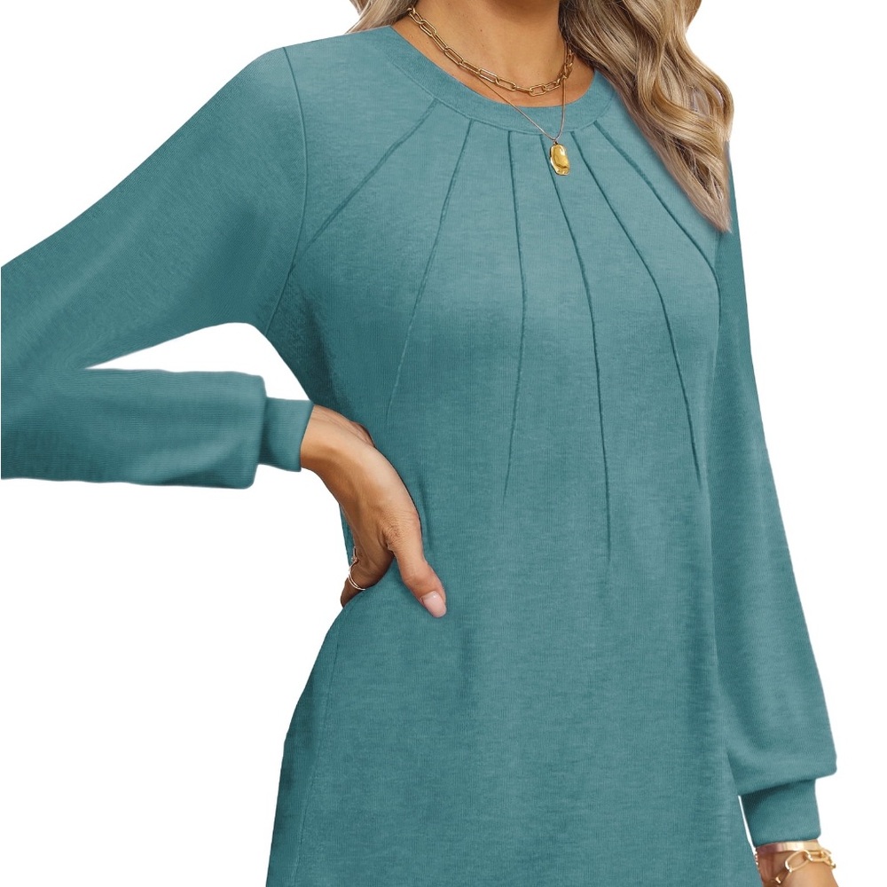 Rosvigor Pleated Tunic Top Teal Long Sleeve Crewneck 2XL - Picture 2 of 6